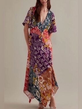 By Anthropologie V-Neck Flutter-Sleeve Buttoned Handkerchief Maxi Dress Size 2